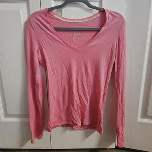 American Eagle Outfitters Coral Pink V-Neck Long Sleeve Tee